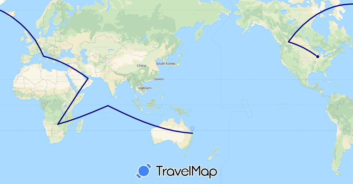 TravelMap itinerary: driving in United Arab Emirates, Australia, Canada, Italy, Maldives, Netherlands, United States, Zimbabwe (Africa, Asia, Europe, North America, Oceania)