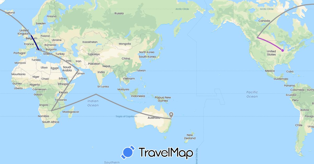 TravelMap itinerary: driving, plane, train in United Arab Emirates, Australia, Canada, Italy, Maldives, Netherlands, United States, Zimbabwe (Africa, Asia, Europe, North America, Oceania)